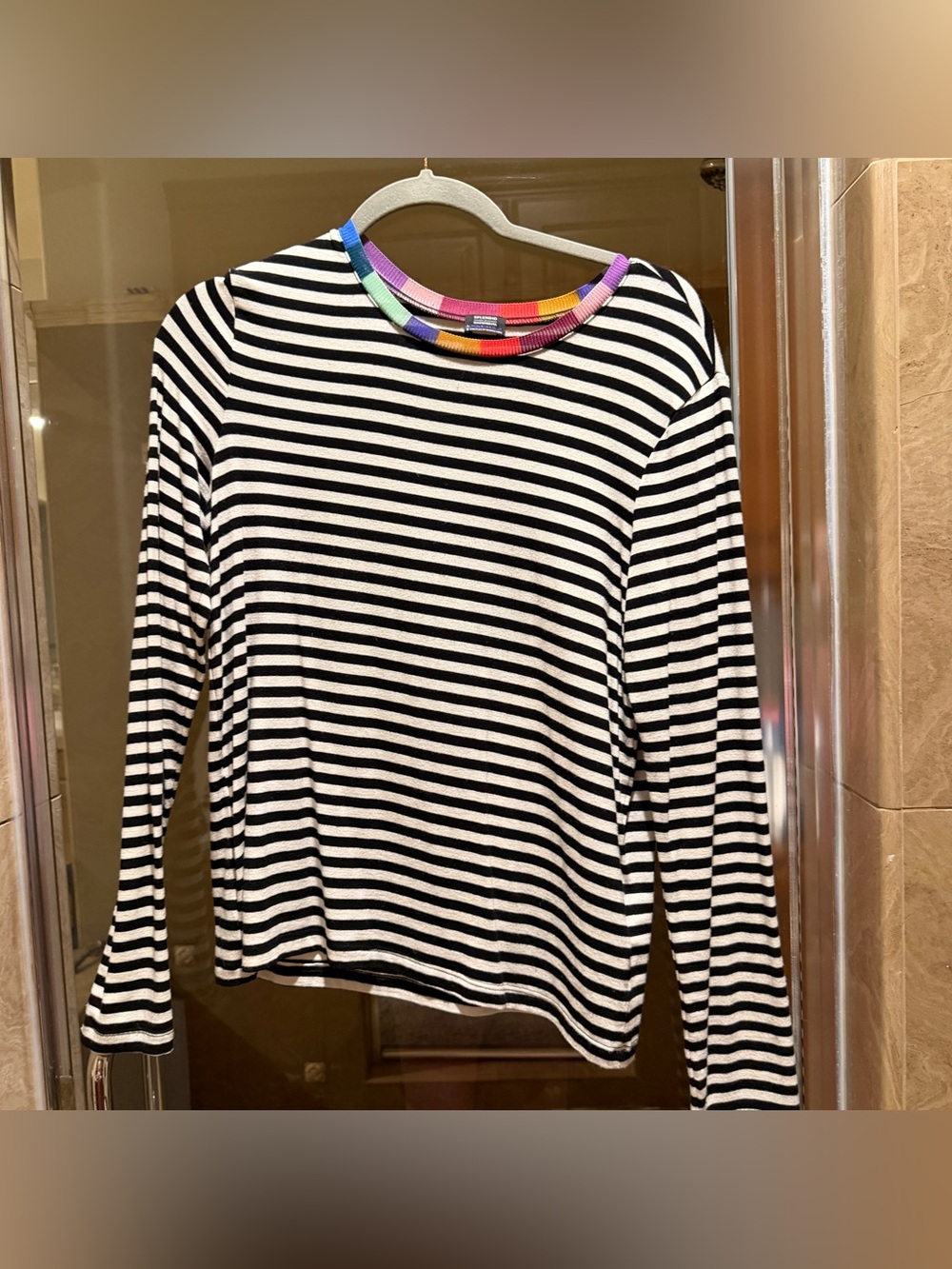 Striped Black & White Long-Sleeve Top with Rainbow Trim